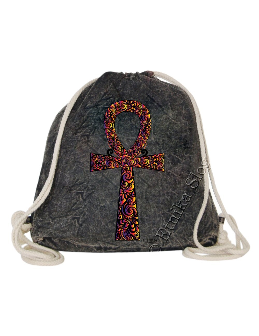 ZAINO SACCO IN COTONE STONE WASHED CON STAMPA ANKH - CHIAVE