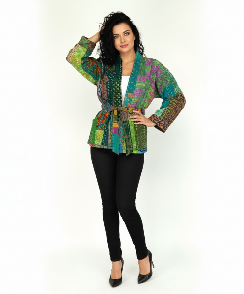 Giacca Kimono Patchwork Kantha In Seta Fatta A Mano – Donna, Stile Bohémien, Nero