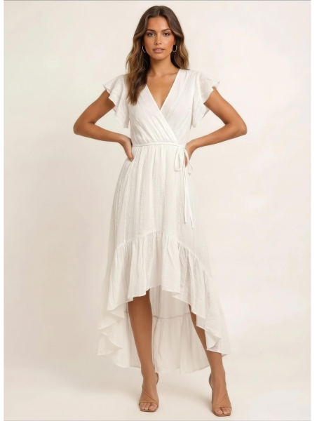 VESTITO LUNGO IN COTONE BIANCO,&nbsp;CON MANICA CORTA A
