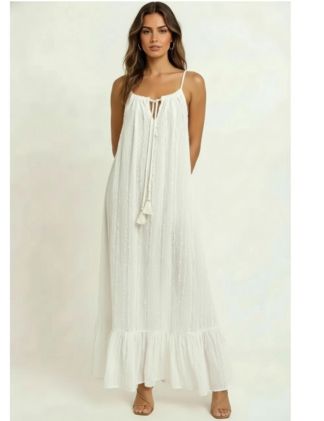 VESTITO LUNGO IN COTONE BIANCO,&nbsp;CON SPALLINA A LAC