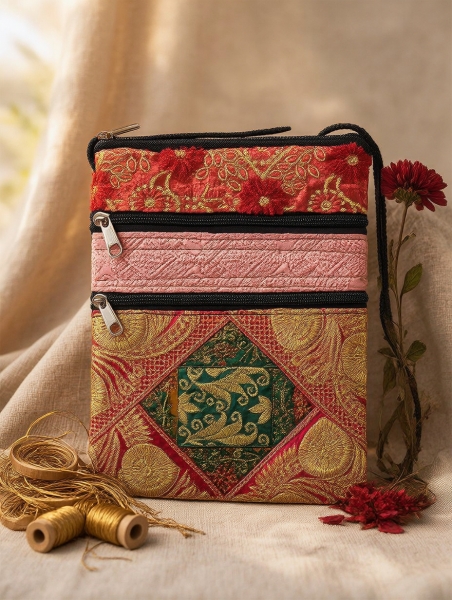 SMALL SHOLDER BAGS SMALL AND FLAT BAG MADE OF SARI COTTON FABRIC, THR - Etnika Slog d.o.o.