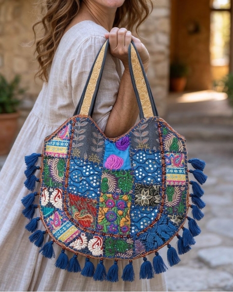 EMBROIDERED SHOULDER BAGS SHOULDER BAG IN COTTON, EMBROIDED WITH SARI PATT - Etnika Slog d.o.o.