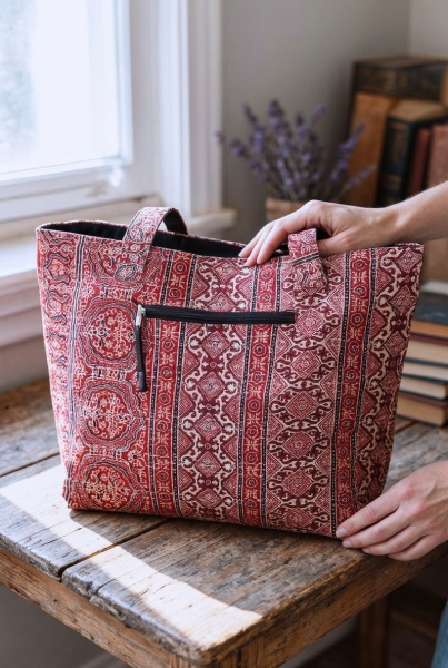 EMBROIDERED SHOULDER BAGS LARGE PRINTED COTTON SHOULDER BAG WITH TONE-ON-TON - Etnika Slog d.o.o.