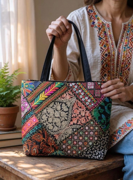 EMBROIDERED SHOULDER BAGS RECTANGULAR COTTON BAG WITH SARI PATCHWORK EMBROID - com Etnika Slog d.o.o.
