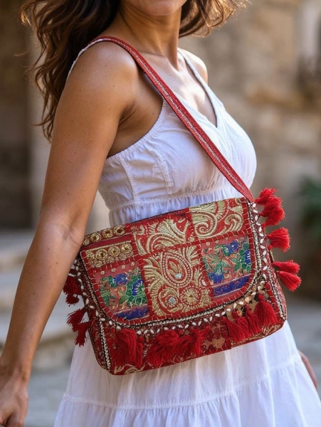 EMBROIDERED SHOULDER BAGS SMALL RECTANGULAR COTTON SARI SHOULDER BAG W - Etnika Slog d.o.o.